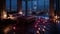 Romantic bedroom with a view of night city. Candles and rose petals on the floor. Valentine\\\'s day concept.