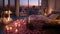 Romantic bedroom with a view of night city. Candles and rose petals on the floor. Valentine\\\'s day concept.