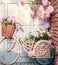 Romantic Bike with Colorful Wild Flower Basket Leaning on the Wall- Generated Artificial Intelligence -AI