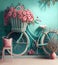 Romantic Bike with Colorful Wild Flower Basket Leaning on the Wall- Generated Artificial Intelligence -AI