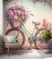 Romantic Bike with Colorful Wild Flower Basket Leaning on the Wall- Generated Artificial Intelligence -AI