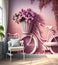 Romantic Bike with Colorful Wild Flower Basket Leaning on the Wall- Generated Artificial Intelligence -AI