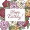 Romantic birthday card template with calligraphy and roses sketch.