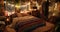 A romantic bohemian bedroom with colorful blankets and dozens of hanging candles creating a warm and inviting atmosphere