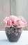 Romantic bouquet of pink tulips and gypsophilia paniculata