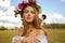 Romantic bride wearing flower wreath and chiffon