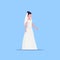 Romantic bride in white dress young girl in gown model standing pose wedding concept flat full length blue background