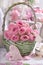 Romantic bunch of pink roses in wicker basket