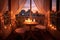 romantic candlelit balcony with a table, chair, and soft glowing lanterns