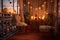 romantic candlelit balcony with a table, chair, and soft glowing lanterns