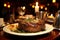 Romantic Candlelit Dinner with Grilled Mouthwatering Beef Steak Served on Elegant Table Setting
