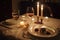 romantic candlelit dinner for two, with beautiful plates and silverware on the table
