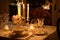 romantic candlelit dinner for two, with fine china and glassware