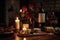 A romantic, candlelit setting, showcasing a bottle of red wine, accompanied by two wine glasses, a charcuterie board, and a