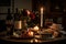 A romantic, candlelit setting, showcasing a bottle of red wine, accompanied by two wine glasses, a charcuterie board, and a