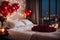 Romantic candles and red roses on a bed