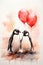 Romantic card with a pair of penguins for Valentine& x27;s Day. Delicate watercolor for wedding invitation. AI generation