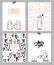 Romantic cards set. Four Valentine`s day cards with cute Rabbit and hearts. Vector Illustration.