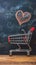 Romantic cart Heart doodles accompany small shopping cart on blackboard backdrop