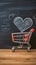 Romantic cart Heart doodles accompany small shopping cart on blackboard backdrop