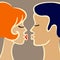Romantic cartoon illustration of kissing couple