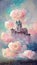 Romantic castle in a pastel colored sky, ai generative illustration