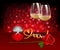 Romantic Celebration Of Valentine`s Day With Wine, Roses and Engagement ring
