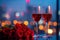 Romantic celebration wine glasses, roses, city lights for anniversary concept