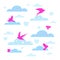 Romantic clipart with birds, clouds and hearts