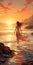 Romantic Coastal Sunrise: Girl In Dress Walking In Shallow Water