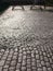Romantic cobblestone pavement street background with reflection of sunlight.