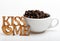 Romantic coffee break. Mug coffee beans on white background. Enjoy coffee drink. Date in cafe concept. Beverage consist