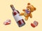 Romantic concept. Realistic teddy bear, bottle of red wine, box of candy, ring