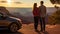 Romantic Couple Admiring Grand Canyon Sunset from Roadside Pull Off