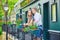 Romantic couple on the balcony decorated with flowers