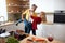 Romantic Couple Dancing Kitchen. Playful Mature Spouses Dancing And Smiling