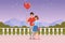 Romantic couple on the date. Man holding balloon in heart shape. Fence, starry sky, mountains and green bushes on