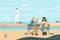 Romantic couple dating on sea beach landscape with lighthouse, lovers sitting on bench