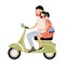 Romantic couple dressed in trendy clothes riding scooter. Young stylish man and woman sitting on modern motor vehicle