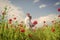 romantic couple embrace among poppies. love and romance. opium.