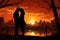Romantic couple embracing against stunning city pond sunset, capturing mesmerizing silhouettes