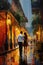 Romantic Couple Embracing in Old French Quarter with Gentle Rain and Vibrant Acrylic Paint Colors