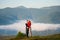 Romantic couple enjoying a morning haze over the mountains