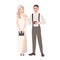 Romantic couple in fashionable evening outfits standing together isolated on white background. Stylish man and woman