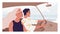 Romantic couple of happy people inside car. Friends enjoying road trip on summer holiday. Side view of woman and man driving auto