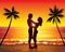 Romantic couple kissing, sunset exotic palms tree