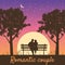 Romantic Couple lovers on bench in park, under trees. Sunset, night, stars. Vector Happy Valentines Day illustration