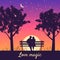 Romantic Couple lovers on bench in park, under trees. Sunset, night, stars. Vector Happy Valentines Day illustration