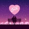 Romantic Couple lovers on bench in park, under trees. Sunset, night, stars. Vector Happy Valentines Day illustration