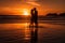 Romantic Couple Man and Woman Kissing at Vibrant Sunset near the Ocean extreme closeup. Generative AI